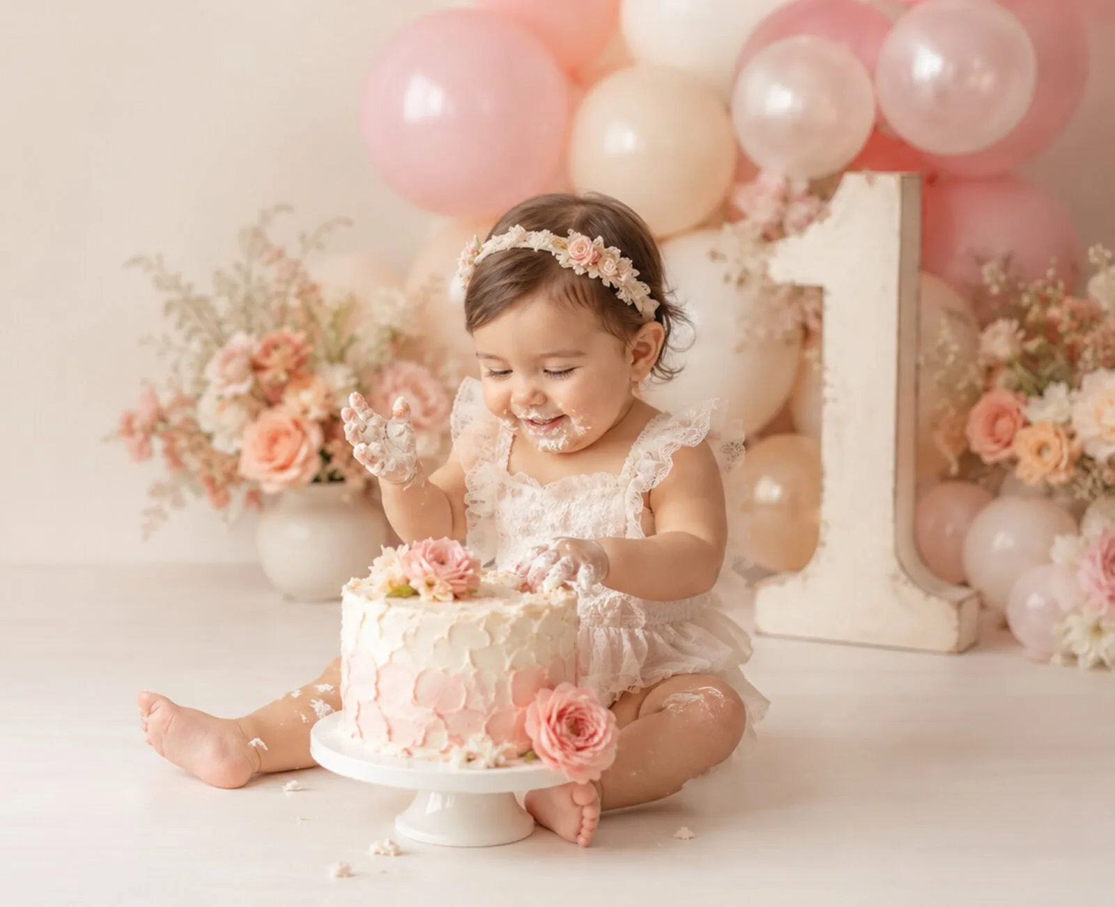 Fotografía infantil de Cake Smash de primer añito en Lomas del Mirador: bebé con torta y globos rosados