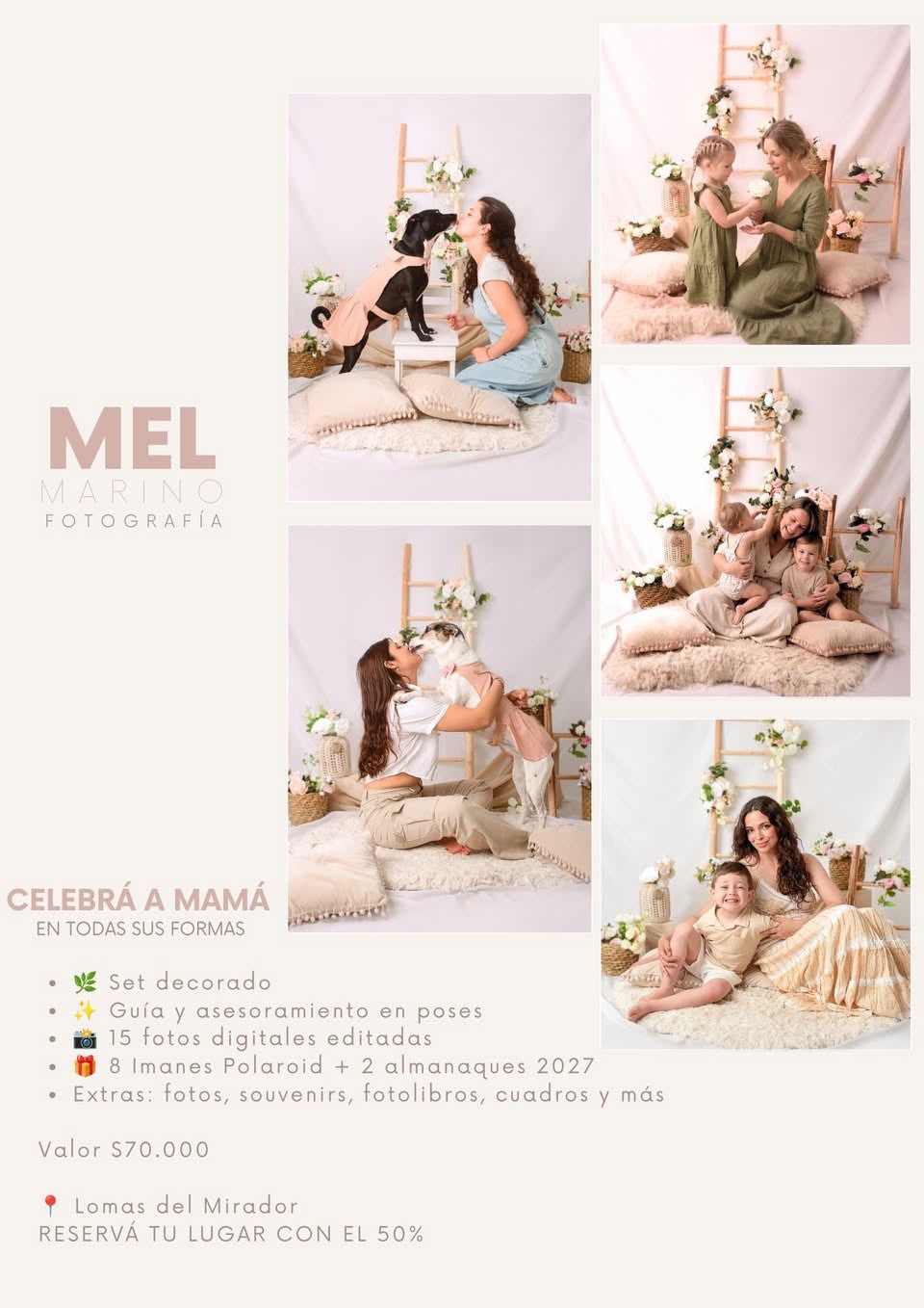 Afiche de la sesión especial del Día de la Madre, con retratos de mamás, hijos, abuelas y mascotas