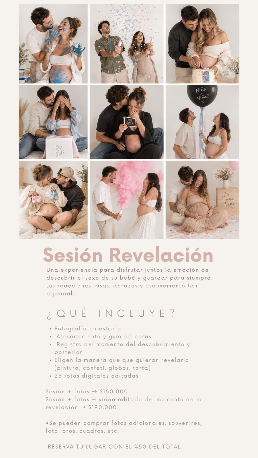 Afiche de sesión Revelación con distintas formas de descubrir y celebrar la llegada del bebé
